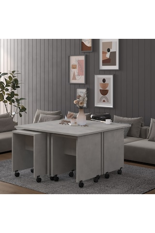 Asra Trend Akıllı Orta Sehpa OS003 %100 MDF 5 Parça Yavrulu Puf Sehpa Seti Retro Taş