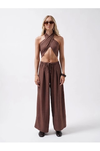 Defymoda Çapraz Bağlamalı Keten Crop Kahverengi