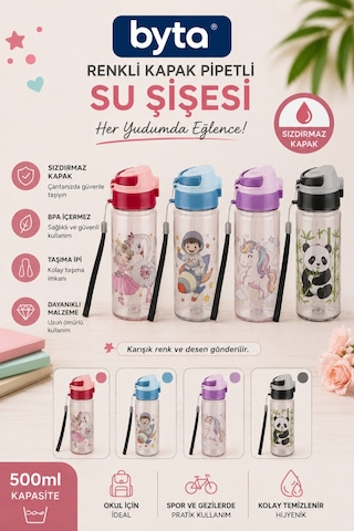 500 Ml Çocuk Matara Kilitli Kapaklı Pipetli Su Matarası Taşıma Askılı Bpa Free Pembe Kuğu Desenli Pembe