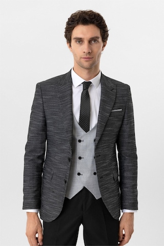 Süvari Siyah Slim Fit Desenli Sivri Yaka 6 Drop Yelekli Klasik Takım Elbise