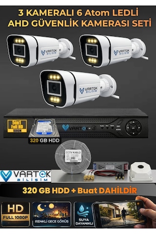 3 Kameralı 6 Atom Led Gece Renkli Görüşlü Güvenlik Kamerası Seti + 320 Gb Hdd