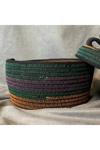 Uretti - Fatma 7987 - El Yapımı Koton İp Fiyonklu Kapaklı Dekoratif / Organizer Sepet Çok Renkli