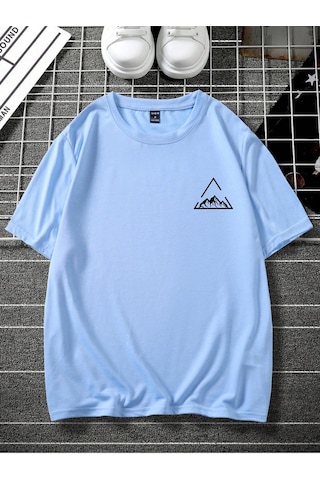 Üçgen Dağ T-shirt - Bebe Mavisi Baskılı Oversize Bisiklet Yaka Kısa Kol Tişört Bebe Mavisi