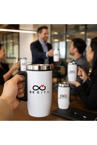 Logonuza Özel 5 Adet 5304 Çelik Kupa 240 Ml Kilitli Kapaklı Kurumsal Termos Mug Beyaz
