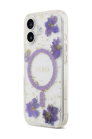 Apple Uyumlu iPhone 17 Kılıf Guess Lisanslı M-safe Özellikli Transparan Resin Flowers Kapak Mor Mor