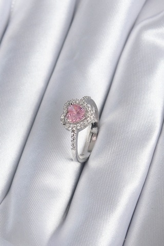 Pirinç Gümüş Renk Pembe Zirkon Taş Kalp Charm Model Kadın Yüzük Diğer