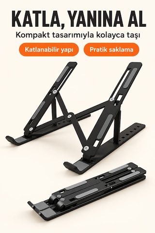 7 Kademeli Ayarlı Katlanabilir Laptop Ve Tablet Standı Siyah Kaymaz Silikon Destekli Masaüstü Tutucu