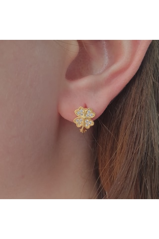 925 Ayar Gümüş Beyaz Taşlı Dört Yapraklı Yonca Gümüş Çocuk Küpesi