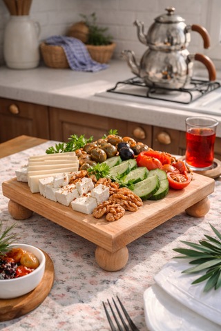 Kayın Ağacı Risus Top Ayaklı 25x25 Cm Ayaklı Kare Sunumluk Pasta, Kek Ve Kahvaltı Servis Tabağı Açık kahverengi