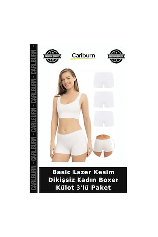 Carlburn Premium Basic Lazer Kesim Dikişsiz Kadın Boxer Külot 3'lü Paket İç Giyim Pantolon İçi Esnek Kumaş Beyaz