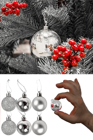 Gümüş Gri 6lı Yılbaşı Top Süs 4cm Çam Ağacı Süsleri Noel Dekoras