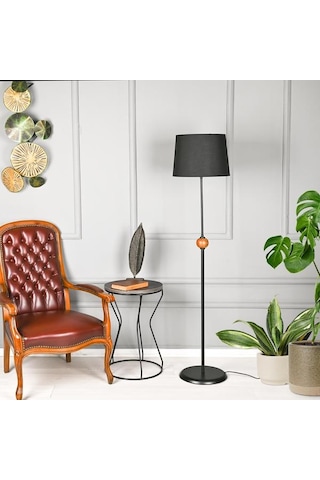 Safir Light Ahşap Detaylı Metal Lambader - Siyah - 155x37x37 Cm Siyah