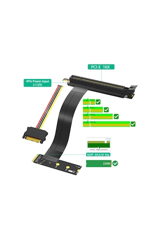 Xurunkeji M.2 Ngff Anahtar M - Pcı-e 16x Grafik Kartı Yükseltici Adaptör Kartı, Nvme - Pcı-express 16x Uzatma Kablosu Sağ Yön