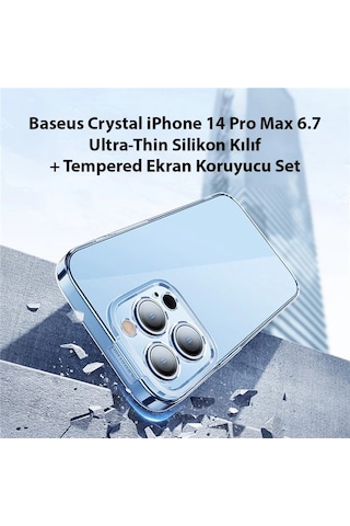 Baseus Crystal Apple iPhone Uyumlu 14 Pro Max 6.7 Ultra-thin Silikon Kılıf + Tempered Ekran Koruyucu Set- 5775