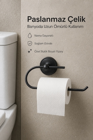 Paslanmaz Çelik Yuvarlak Yapışkanlı Siyah Kağıt Rulo Peçetelik Tuvalet Kağıtlığı