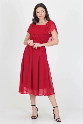 Neşeli Butik Kadın Yeni Sezon Madonna Yaka Bağlama Detaylı Şifon Elbise Ry8060 Bordo