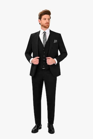 Erkek Siyah Sivri Yaka Yelekli Slim Fit Takım Elbise