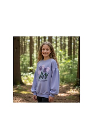 Fesshera Kids Kız Çocuk Sweatshirt Balon Kol Baskılı Oversize Pamuklu Sweatshirt / Geniş Kalıp Uzun Kollu Tişört Mor