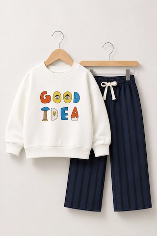 Monila Erkek Çocuk Ekru Slogan Baskılı Sweatshirt Ve Lacivert Çizgili Eşofman Alt Üst Takım