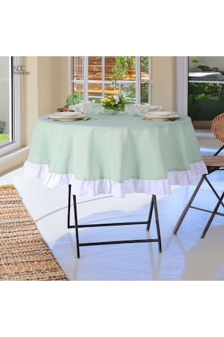 Dnc Home Tekstil Yeşil Keten Yuvarlak Beyaz Fırfırlı Masa Örtüsü Yeşil