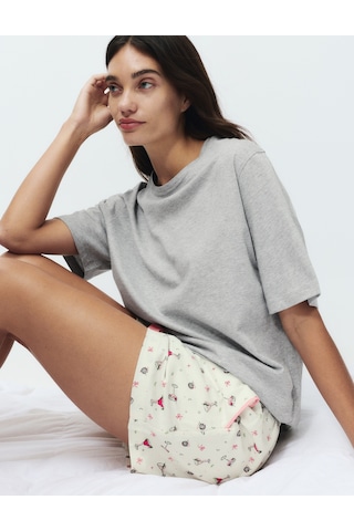 Marks & Spencer Saf Pamuk Desenli Kısa Pijama Takımı T37002241J Gri