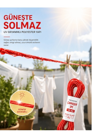 Beylini 2 Adet 10 Mt Polyester Çamaşır İpi Pvc Kaplama Sarkma Yapmaz Balkon Çamaşır Askılığı Çok Amaçlı Kurutma Kırmızı