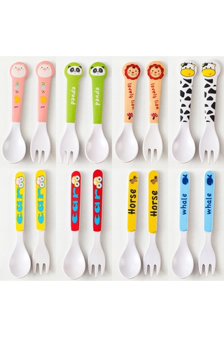 Maiyame Bebekler İçin Bambü Lifli Yeme Öğrenme Seti - Yumuşak Korkuluk Ve Çatalla, Güvenli Ve Sevimli Karikatür Desenli Çok Renkli