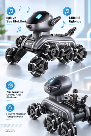 Exenar - Siyah - Uzaktan Kumandalı Akıllı Robot Köpek Oyuncak Jest Kontrollü Drift Yapan Işıklı Sesli Akrobatik Stunt Gümüş