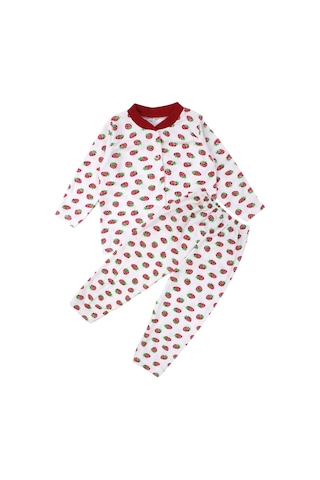 Bebegen Kız Çocuk Ekru Kırmızı Çilek Baskılı Çıtçıtlı Pijama Takımı Çok Renkli