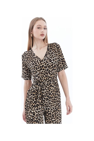 Kadın Krep Beli Kemerli Ve Fermuarlı Tulum-leopar Leopar