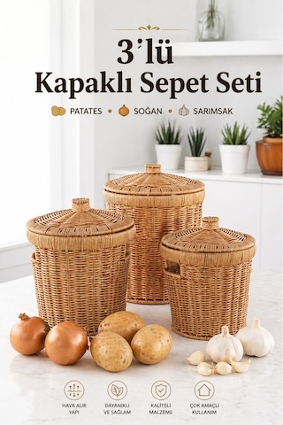 3 Lü Hasır Görünümlü Kapaklı Patates Soğan Saklama Sepeti - Çok Amaçlı Dekoratif Sepet Diğer