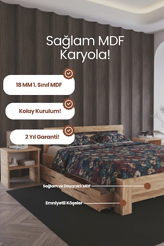 Letto 4 Çekmeceli Çift Kişilik Mdf Karyola 140x200 Yatak Uyumlu - Atlantik Çam