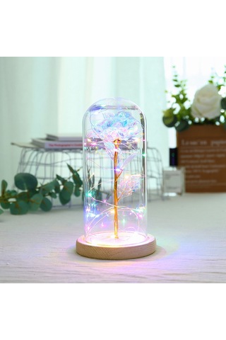 Geeroyoo Renkli Cam Kapaklı Altın Folyo Gül Dekoratif Led Gece Lambası - Plastik Çiçek + Ahşap Tabanlı, 20 Led Işıklı, Kaliteli Ve Dayanıklı Diğer