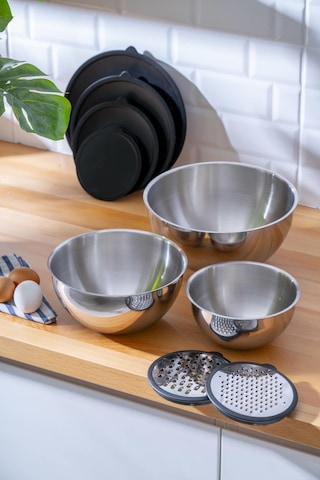 Pratikşef 9 Parça Rendeli Karıştırma Ve Saklama Kabı Paslanmaz Çelik Blender Uyumlu 16-20-24 Cm Gümüş