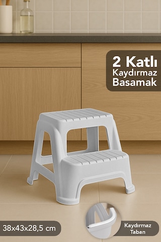 2 Basamaklı Merdiven Tabure - Kaydırmaz Tabanlı Çok Amaçlı Basamak Tabure Gri