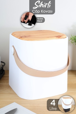 Ahşap Görünümlü Çöp Kovası - Akıllı Kapak Tutma Saplı Kovalı Tezgah Üstü Mutfak Çöp Kovası 4lt Beyaz