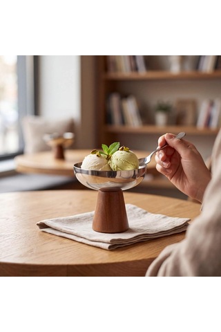 Mallart Ahşap Ayaklı Paslanmaz Çelik Dondurma Ve Tatlı Kasesi - 12 Cm Kadeh Formlu Lüks Sunum Çanağı, Puding Mousse Ve Meyve Servis Kupı gümüş