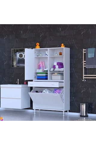 Modilayn Afra 90x173x32,5cm 1 Çekmece, 3 Göz Sepet, 1 Kapak, 6 Raf Dar Alan Banyo Dolabı Beyaz