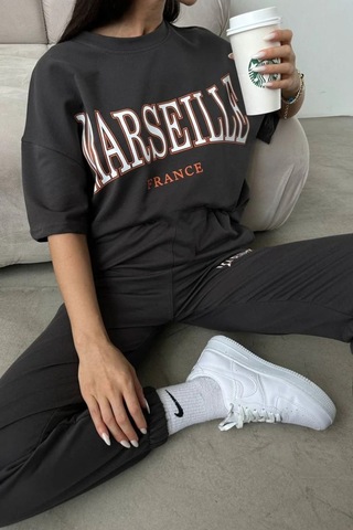 Marseille Baskılı T-shirt Eşofman Altı Jogger - Antrasit Alt Üst Takımı Oversize Bisiklet Yaka Gri