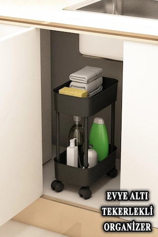 Çok Amaçlı 2 Katlı Banyo Dolabı, Evye Altı Düzenleyici Dolap Içi Tezgah Altı Tekerlekli Organizer - Deterjanlık, Dolap İçi Raf Siyah