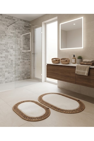 Senza Atelier Lüks 4 Lü Banyo & Antre Seti Krem Peluş Dokulu, Fırfırlı Jüt Halat Paspas Takımı Ve 2 Li Sepet Beyaz - Sarı