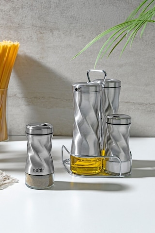 Nehir Burgulu Standlı 4 Parça Paslanmaz Çelik Yağdanlık Ve Baharatlık Seti 8697076010211 Çelik