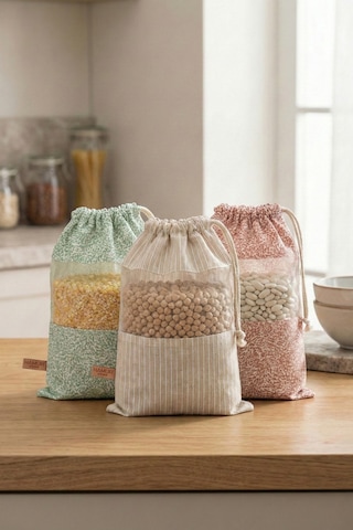 3 Adet Bakliyat Kesesi Orta Boy 20x28 Erzak Kuru Gıda Saklama Kabı Torbası Fileli Bez Soft-Set 101