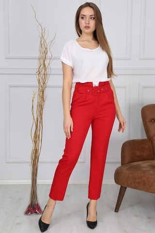 Bluence Beli Kemerli Kırmızı Dar Paça Kumaş Pantolon Kırmızı