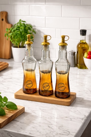 Ahşap Standlı 3 Lü Cam Yağdanlık Seti 250 Ml Zeytinyağı Sirkelik Limonluk Balsamic Şişe Şeffaf