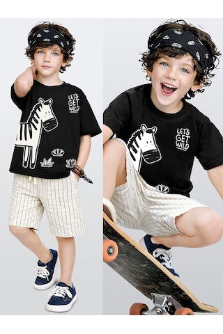 Denokids Erkek Çocuk Takım Zebra Baskılı Pamuk T-shirt Ve Çizgili Dokuma Şort Yazlık Takım Çok Renkli