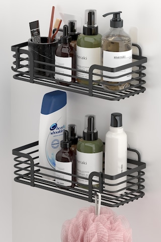 Teknotel ST284H Yapışkanlı Kancalı Banyo Rafı Mat Siyah 2'li Siyah