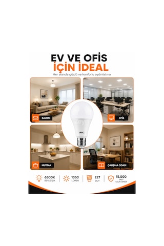 Atc 15w Led Ampul 10'lu Paket E27 Beyaz Işık 6500k 1350 Lümen Tasarruflu Led Ampul