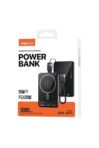 Recci Rpb-w41 Pd 20w Ultra İnce Hızlı Şarj Özellikli Type-c Kablolu Powerbank 15w 5000mah Siyah Siyah