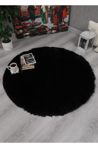 Dekoratif Tavşan Tüyü Ultra Yumuşak Peluş Yuvarlak Halı Siyah